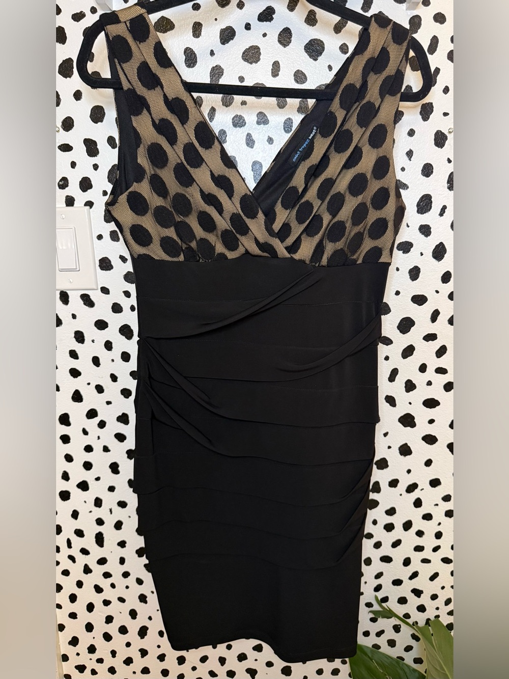Saint Tropez West Bandage Polka Dot Body Con V Neck Dress